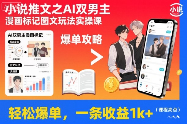 小说推文之AI双男主漫画标记图文玩法实操课，轻松爆单，一条收益1k+-轻资本网