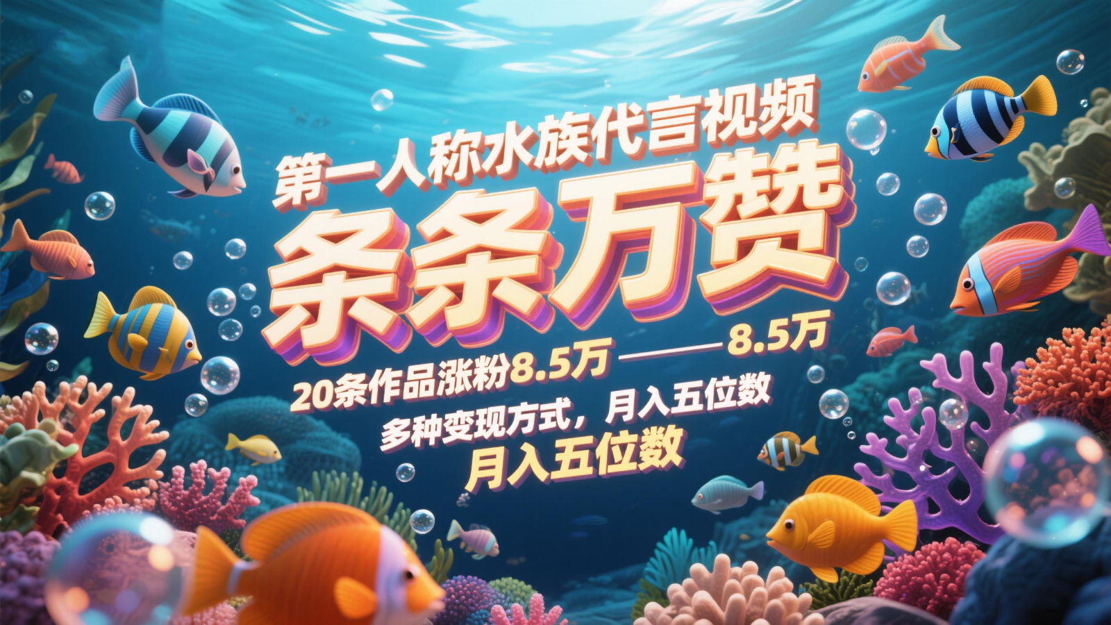 第一人称水族代言视频，条条万赞，20条作品涨粉8.5万，多种变现方式月，入五位数-轻资本网