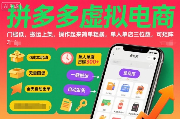 拼多多虚拟电商，门槛低，搬运上架，操作起来简单粗暴，单人单店三位数，可矩阵-轻资本网