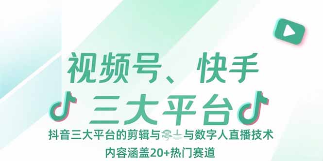 视频号、快手、抖音三大平台的剪辑与数字人直播技术，内容涵盖20+热门赛道-轻资本网