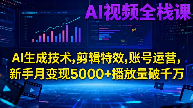 AI视频全栈课:AI生成技术,剪辑特效,账号运营,新手月变现5000+播放量破千万-轻资本网