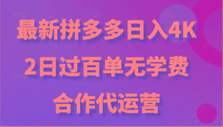 最新拼多多，日入4K+，2日过百单无学费，合作代运营-轻资本网
