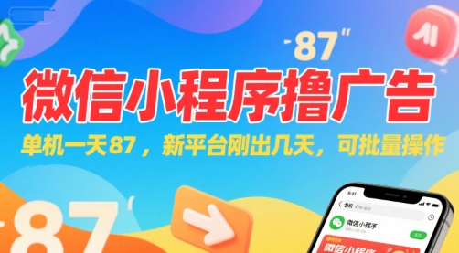 微信小程序看广告，单机一天87，新平台刚出几天，可批量操作，日入5张-轻资本网