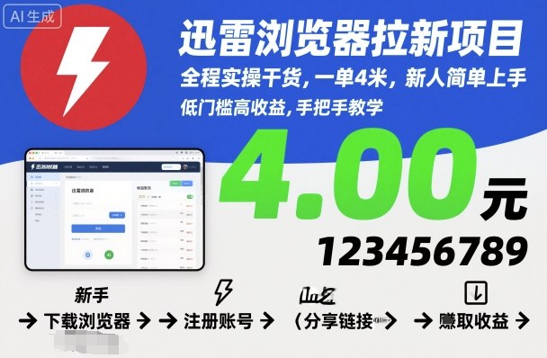 迅雷浏览器拉新项目，全程实操干货，一单4米，新人简单上手-轻资本网