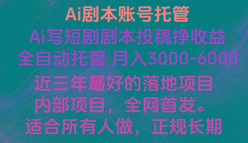 内部落地项目，全网首发，Ai剧本账号全托管，月入躺赚3000-6000，长期稳定好项目。-轻资本网