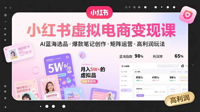 小红书虚拟电商变现课，AI蓝海选品，爆款笔记创作，矩阵运营，高利润玩法-轻资本网