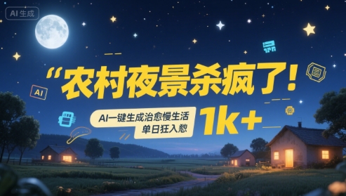 农村夜景杀疯了！AI一键生成治愈系慢生活，单日狂入1k+-轻资本网