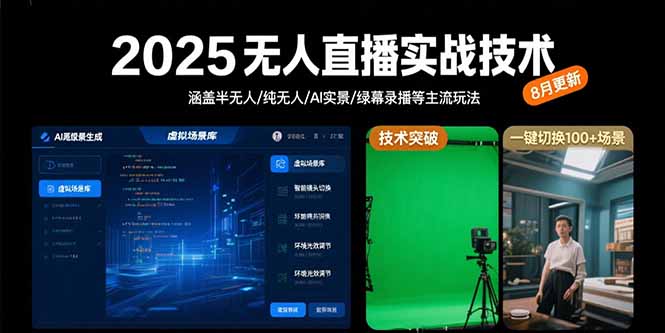 2025无人直播实战技术-8月，涵盖半无人/纯无人/AI实景/绿幕录播等主流玩法-轻资本网