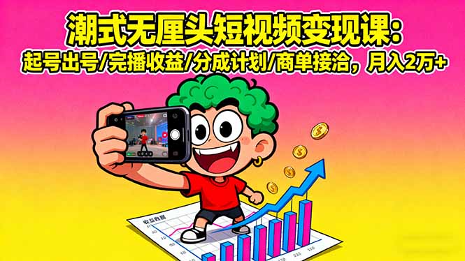 潮式无厘头短视频变现课：起号出号/完播收益/分成计划/商单接洽，月入2万+-轻资本网